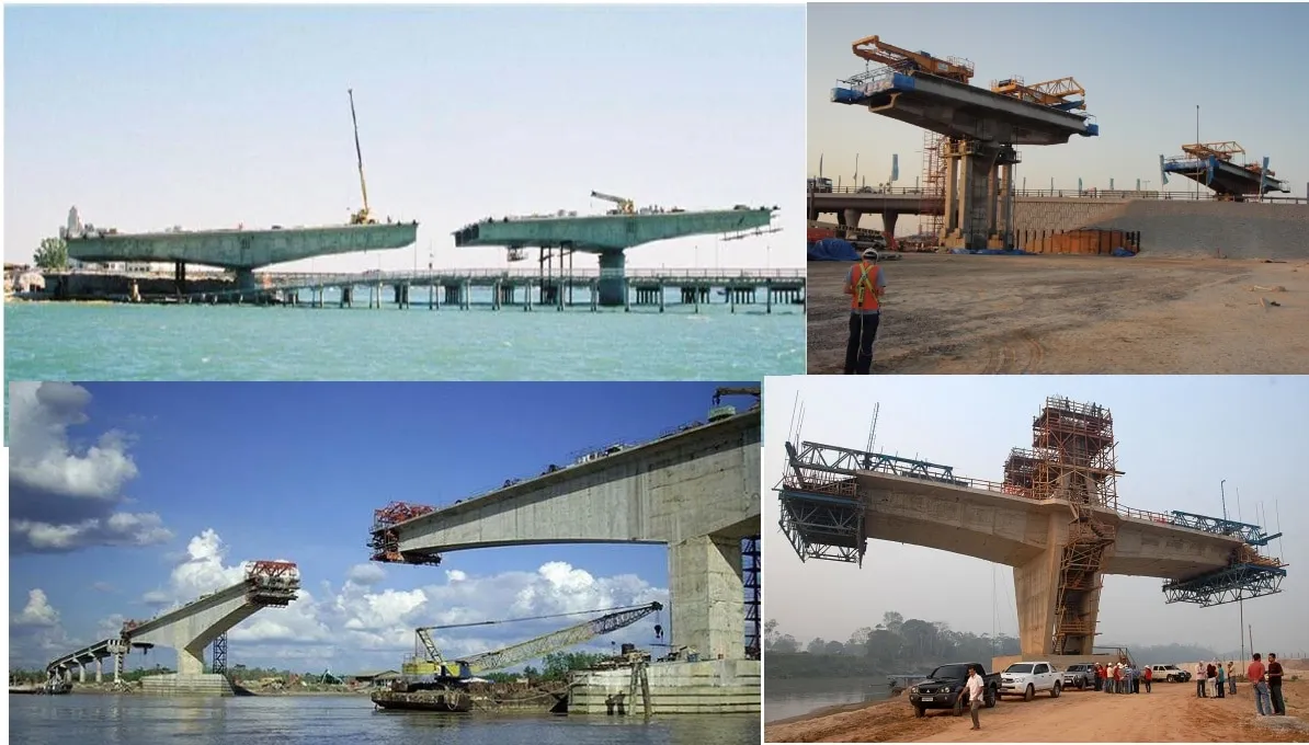 Balanced cantilever bridge erection utilizing a launching gantry